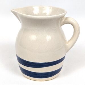 Vintage Stoneware Pitcher Roseville USA RRP Co. Cream with Blue Stripes #303-G